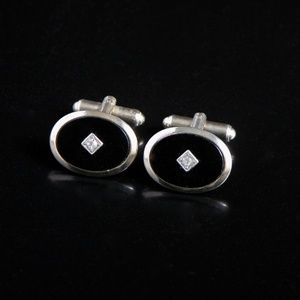Vtg 70s Cufflinks Black Onyx Jeweled Gold Tone